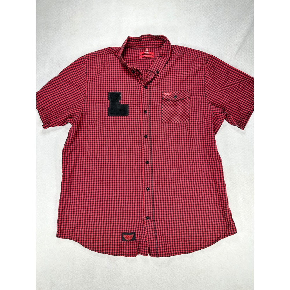 LRG Wovens Mens 4XL Red Black Gingham Check Short Sleeve Button Up Shirt